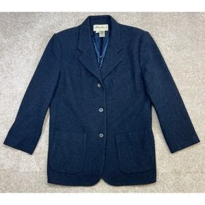 Vtg 90s Eddie Bauer Womens 100% Wool Blazer Navy Blue Button Front Classic Fit L